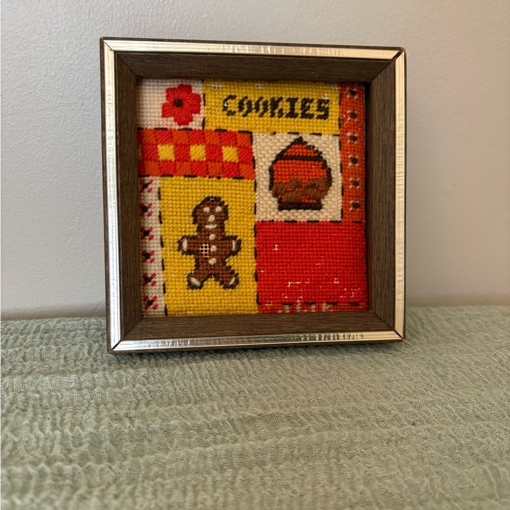 Framed Cross-Stitch Cookie Kitchen Artwork - Red & Yellow